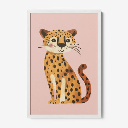 framed artwork featuring a cheerful leopard illustration on pink background with white frame