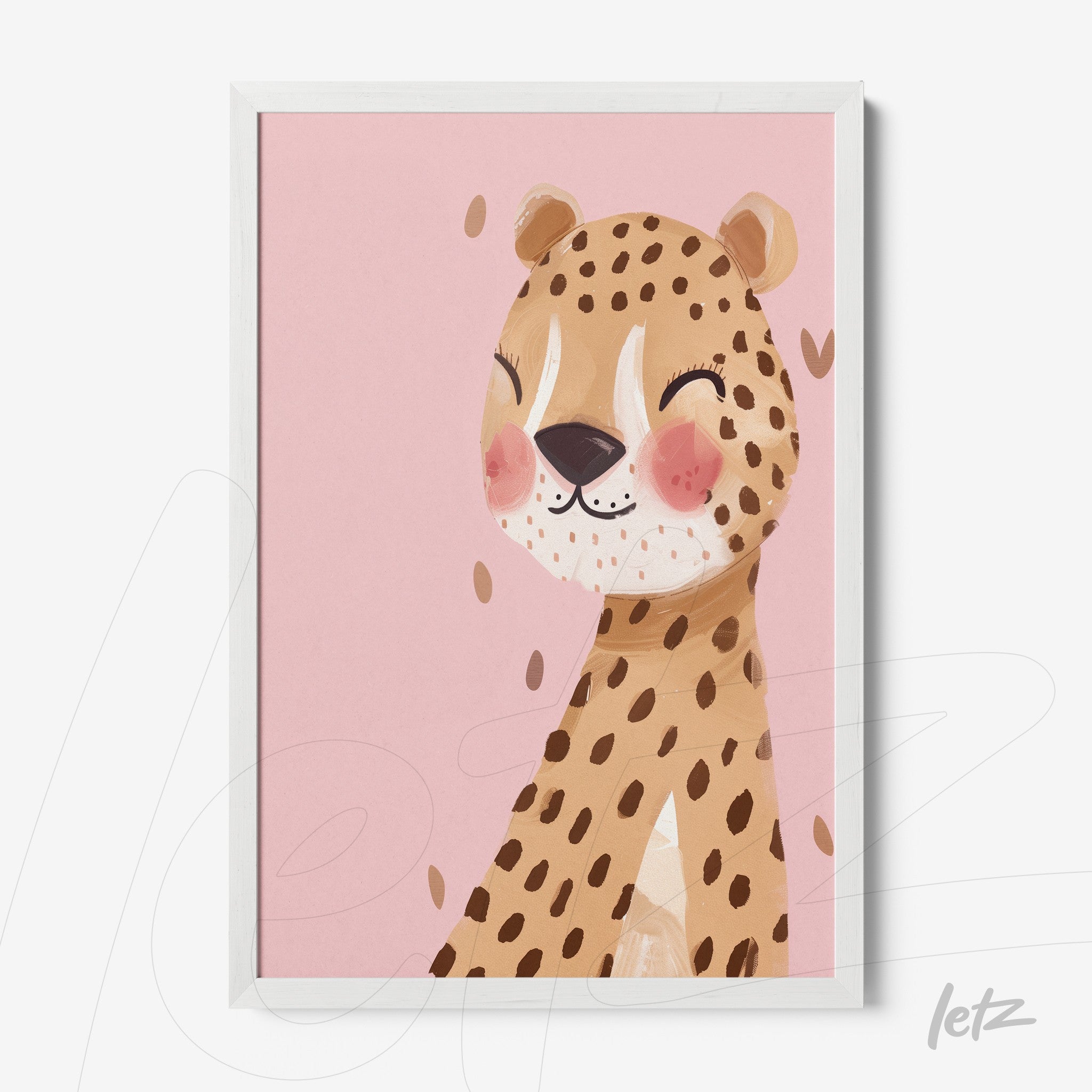 framed wall art featuring a smiling leopard illustration on pink background with white frame