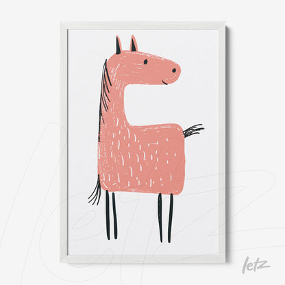 framed art illustration of a pink horse with a white frame