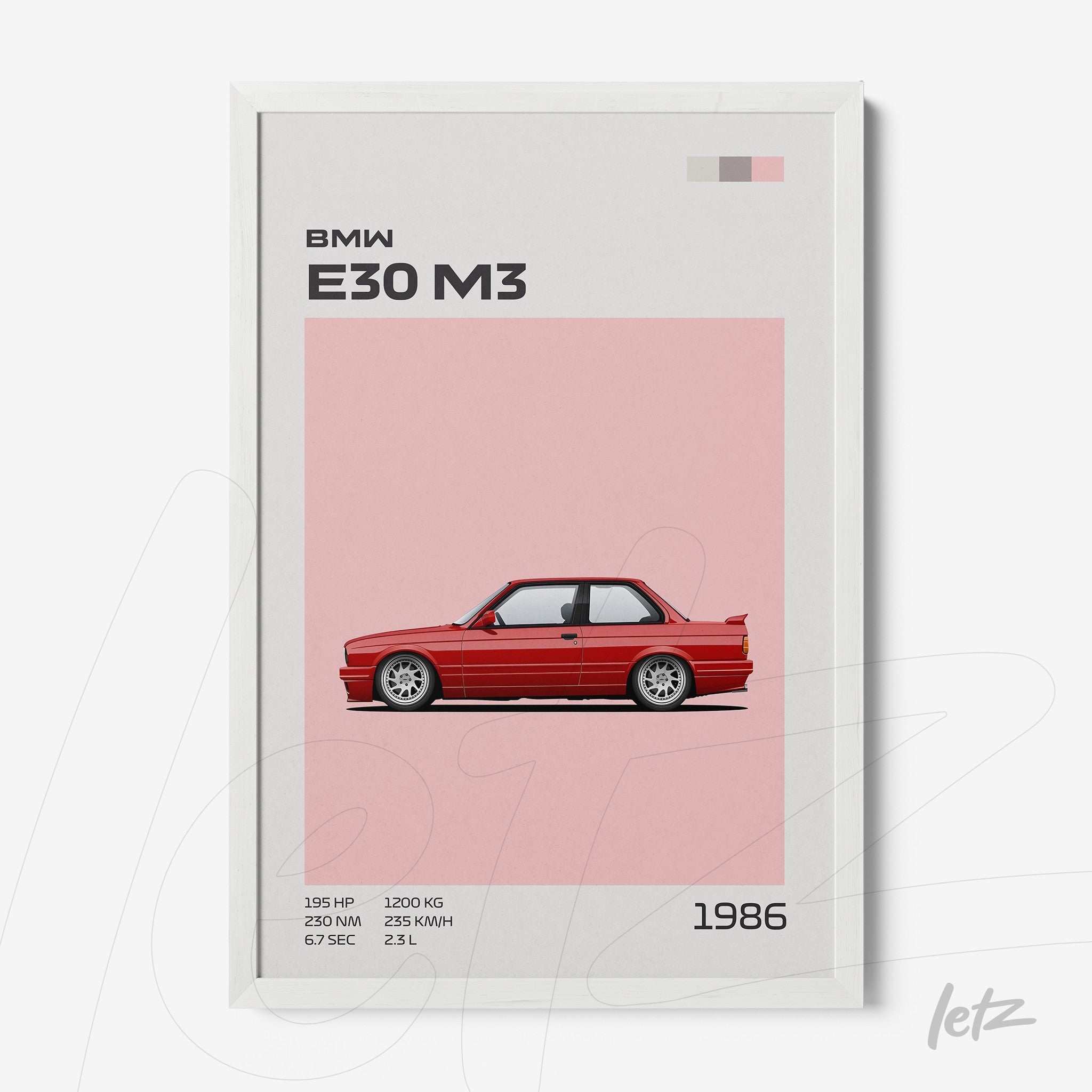 framed artwork featuring a minimalist illustration of the BMW E30 M3 on a pink background with a white frame