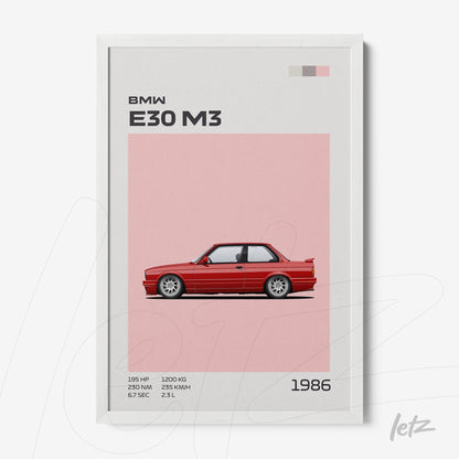 framed artwork featuring a minimalist illustration of the BMW E30 M3 on a pink background with a white frame
