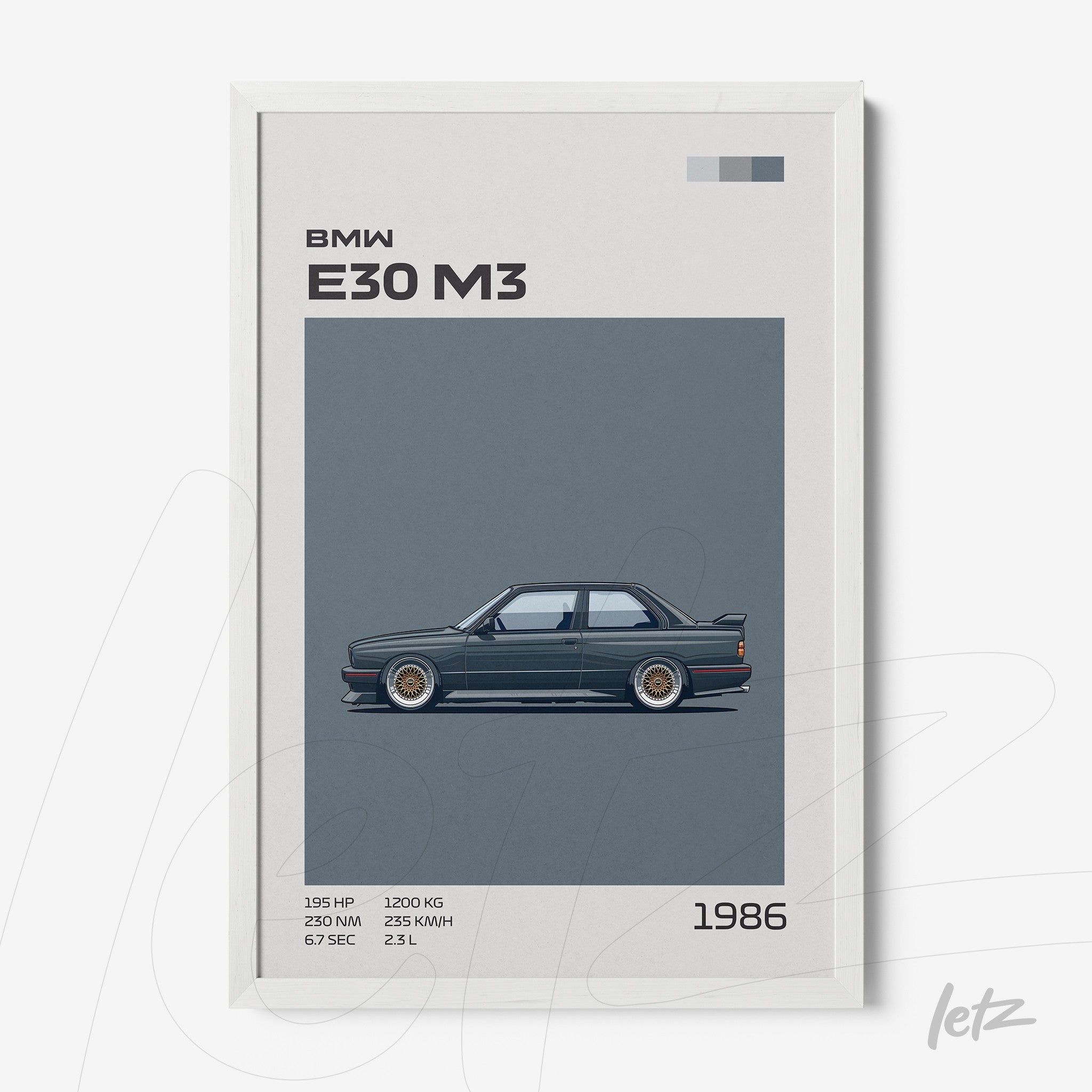 framed illustration of BMW E30 M3 car in white frame