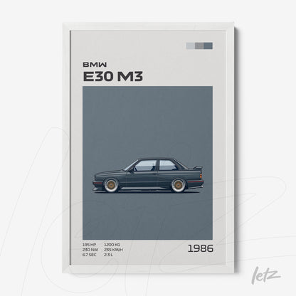 framed illustration of BMW E30 M3 car in white frame
