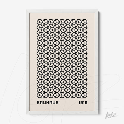 poster with geometric black pattern in Bauhaus style with white frame
