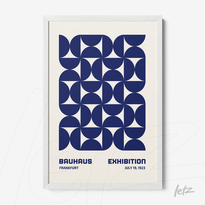poster print featuring blue geometric art in white frame displaying text bauhaus exhibition frankfurt july 1923