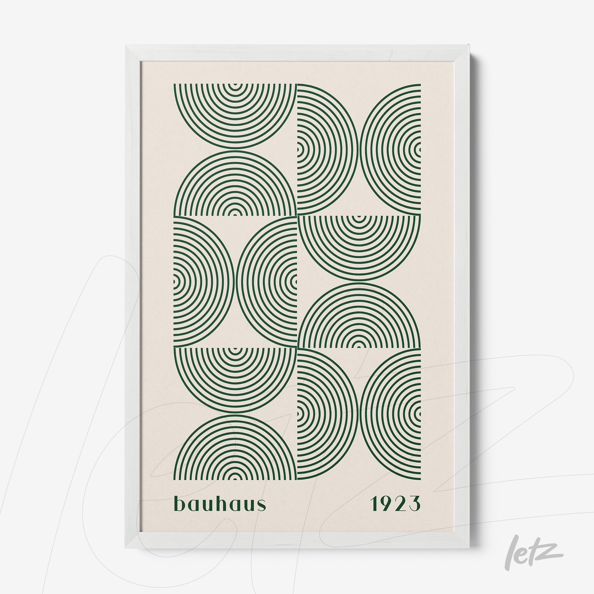 poster print featuring bauhaus style geometric design with green concentric circles on beige background, white frame