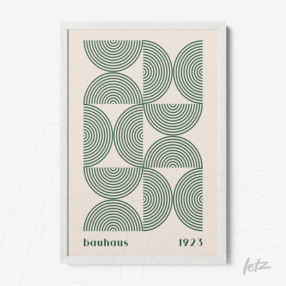 poster print featuring bauhaus style geometric design with green concentric circles on beige background, white frame