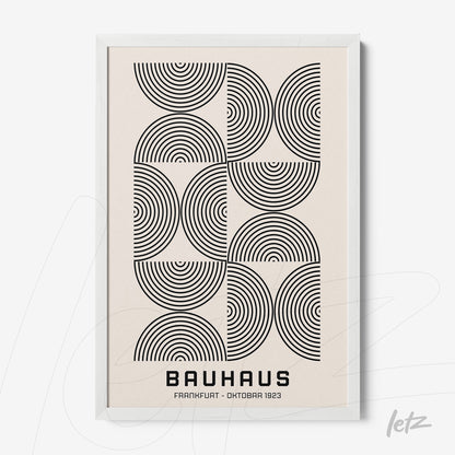 poster print featuring black and white geometric art with concentric circles framed in white