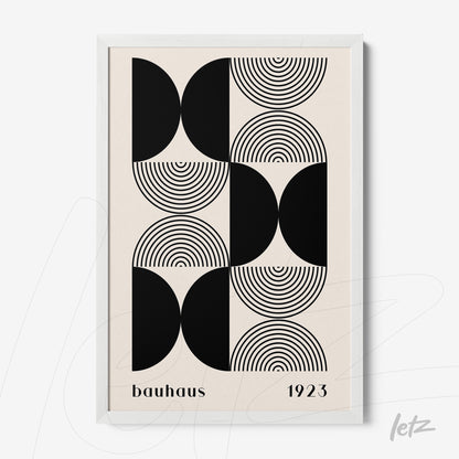 poster featuring black and white geometric illustration in bauhaus style with white frame