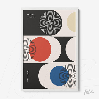 poster print featuring geometric abstract art in Bauhaus style, colors black, red, blue, and beige, white frame
