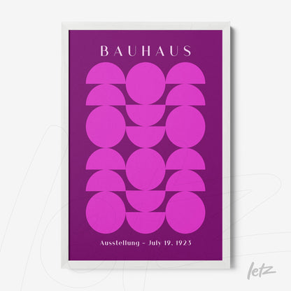 poster featuring geometric art in pink and purple hues with a white frame
