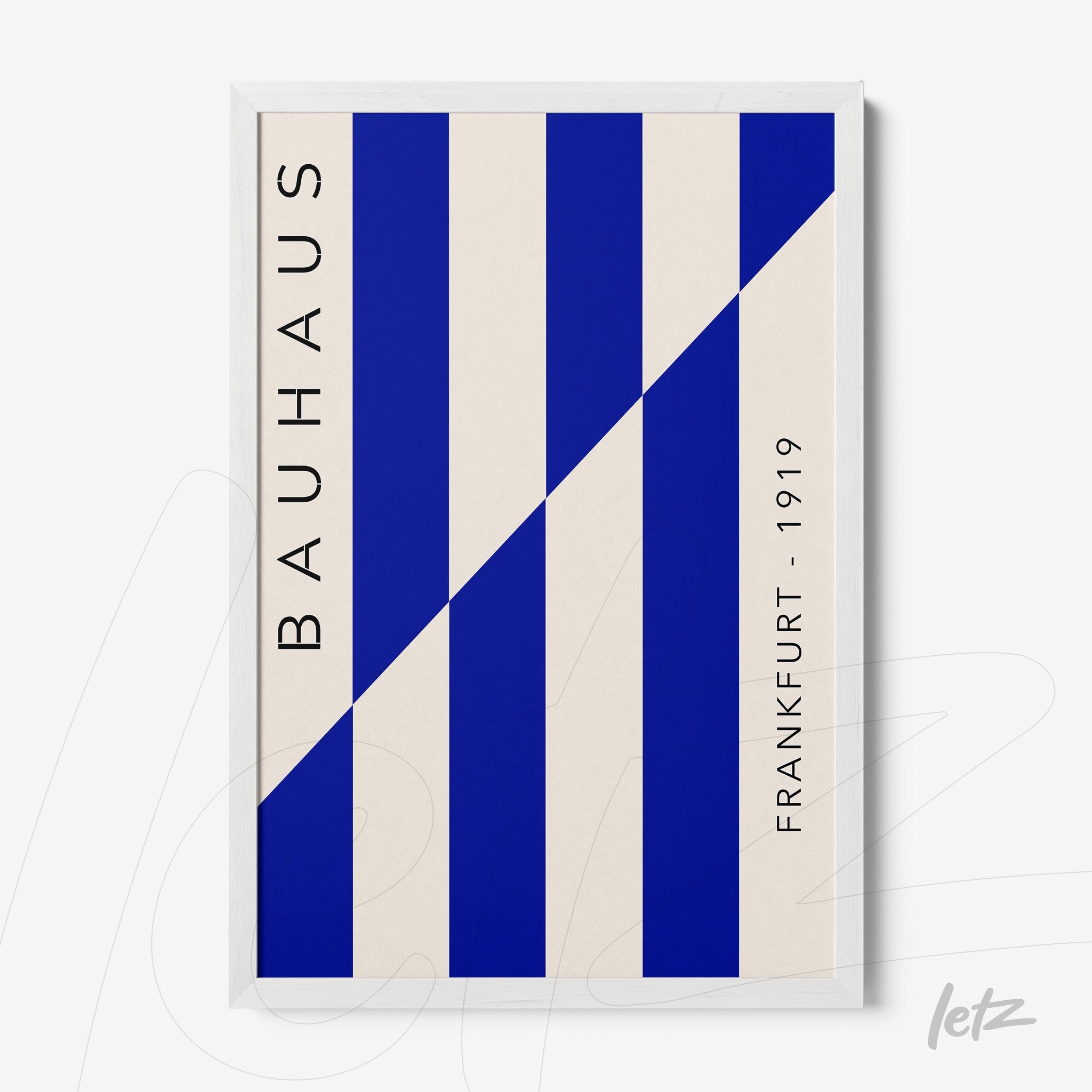 bauhaus style wall art with blue vertical lines on beige background in white frame