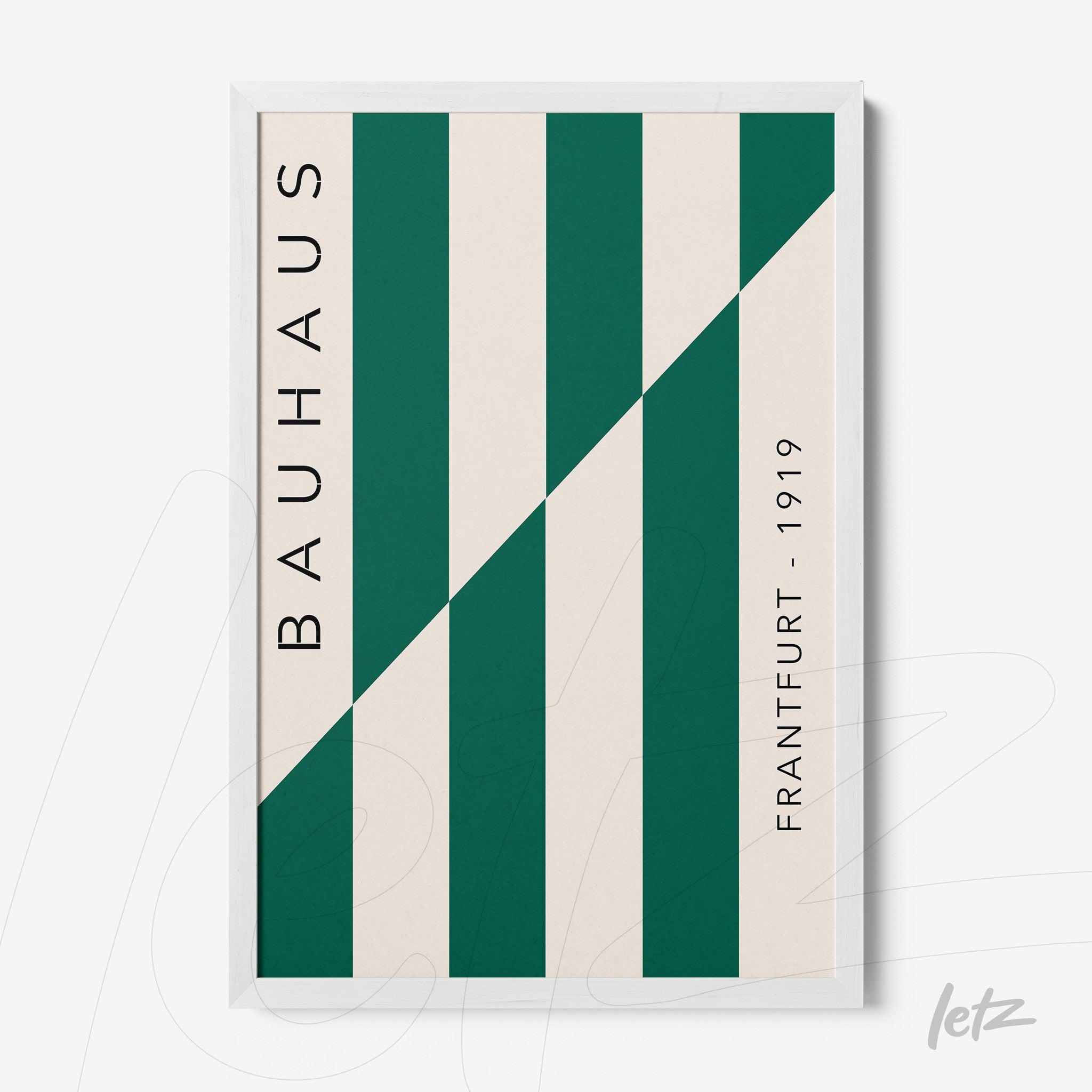 poster with geometric design of green and cream stripes and side text in white frame