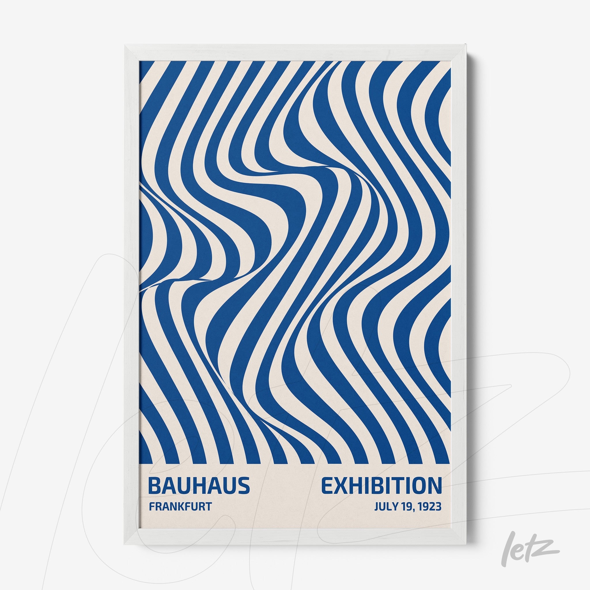 poster print with blue wavy pattern on beige background, thin white frame