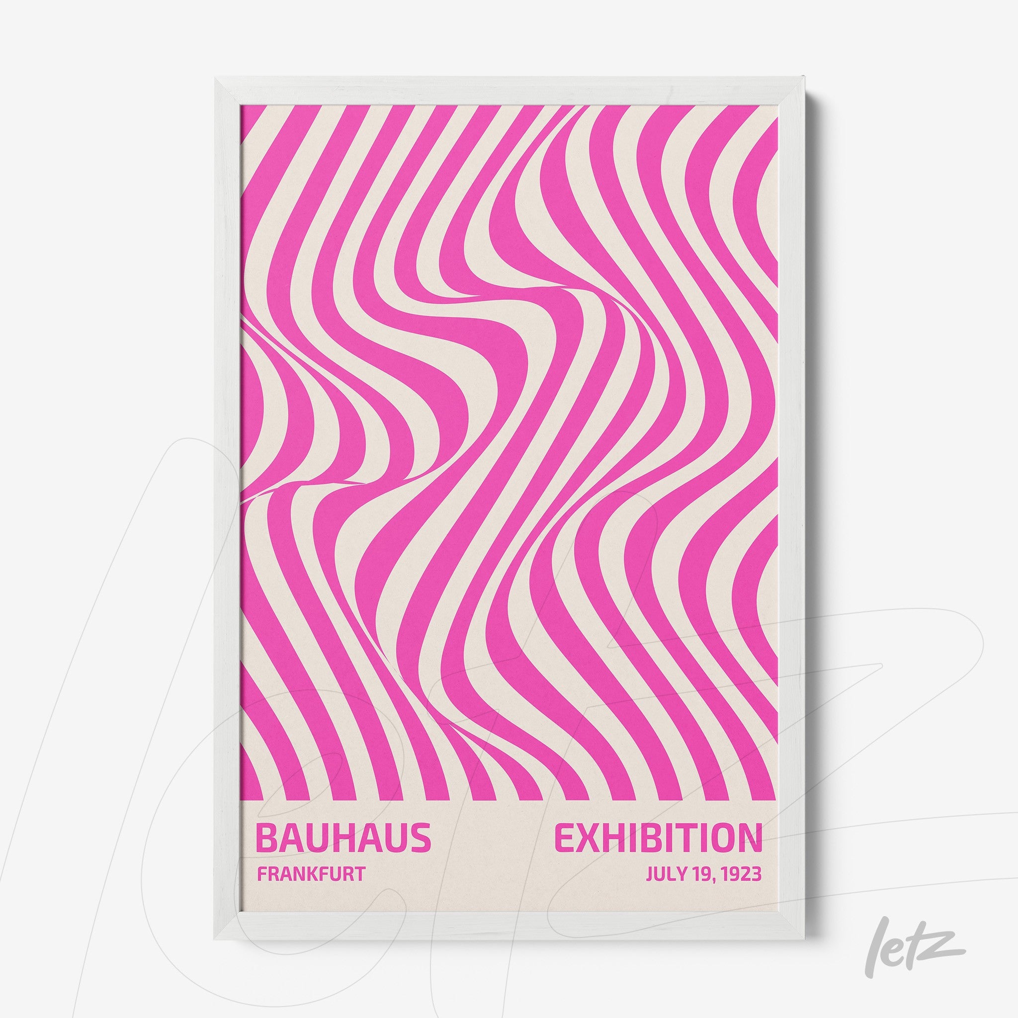 poster featuring pink and white geometric patterns in a white frame