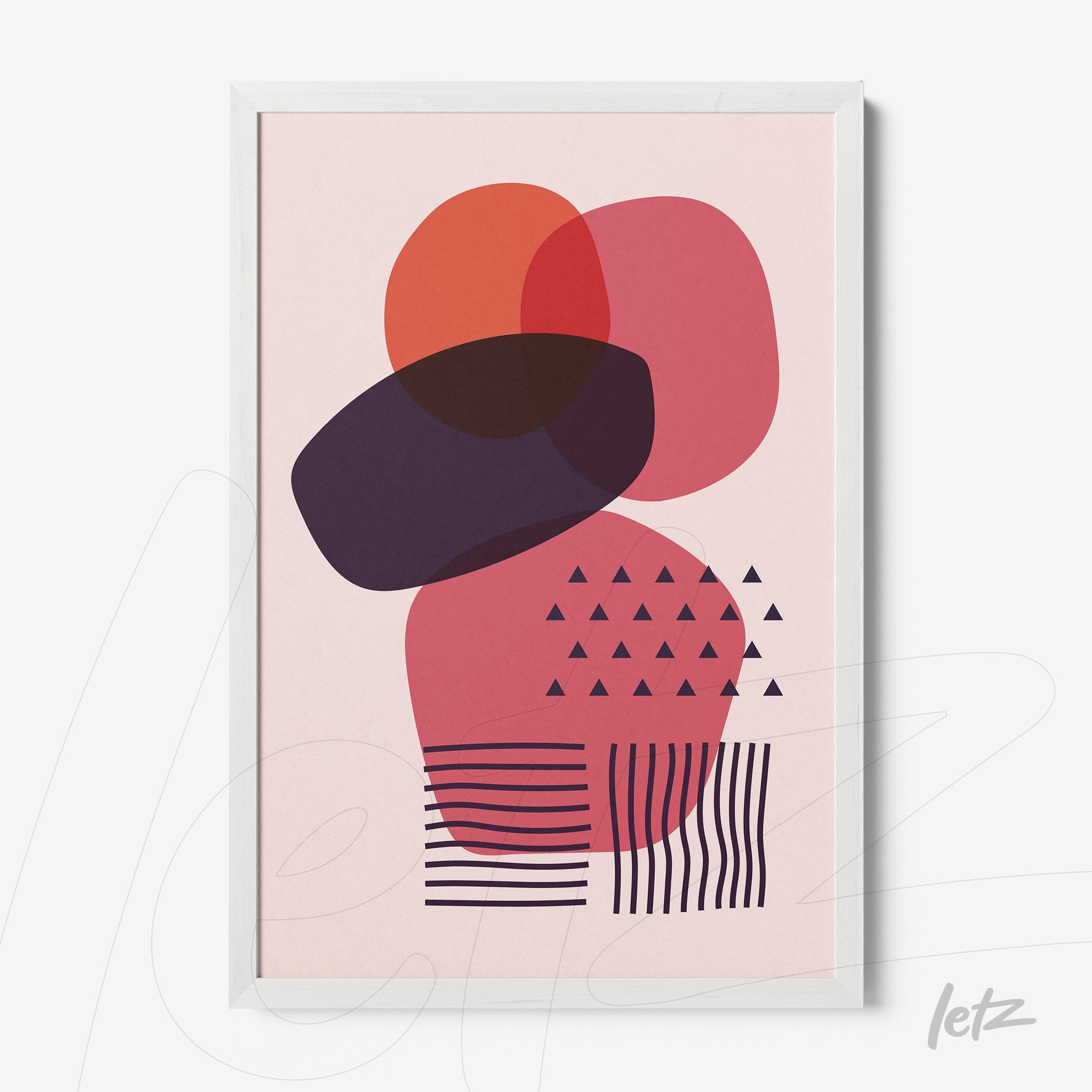 abstract art poster with colorful geometric shapes in thin white frame