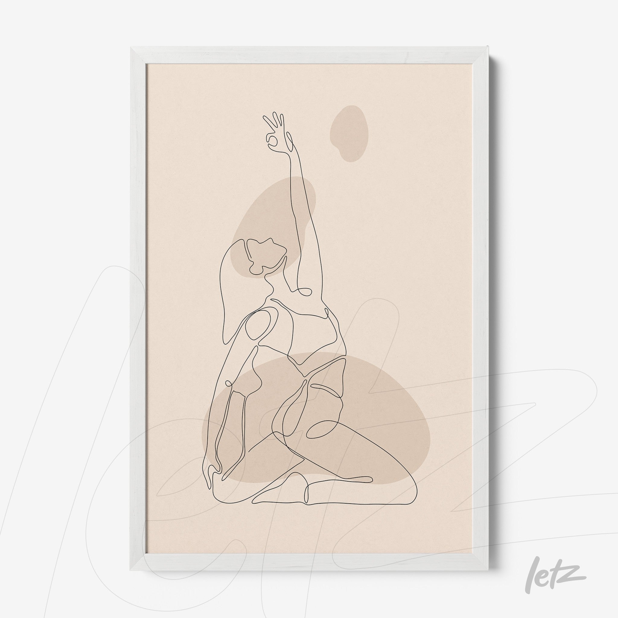 minimalist one-line art of a human figure in a yoga pose with white frame