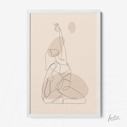 minimalist one-line art of a human figure in a yoga pose with white frame