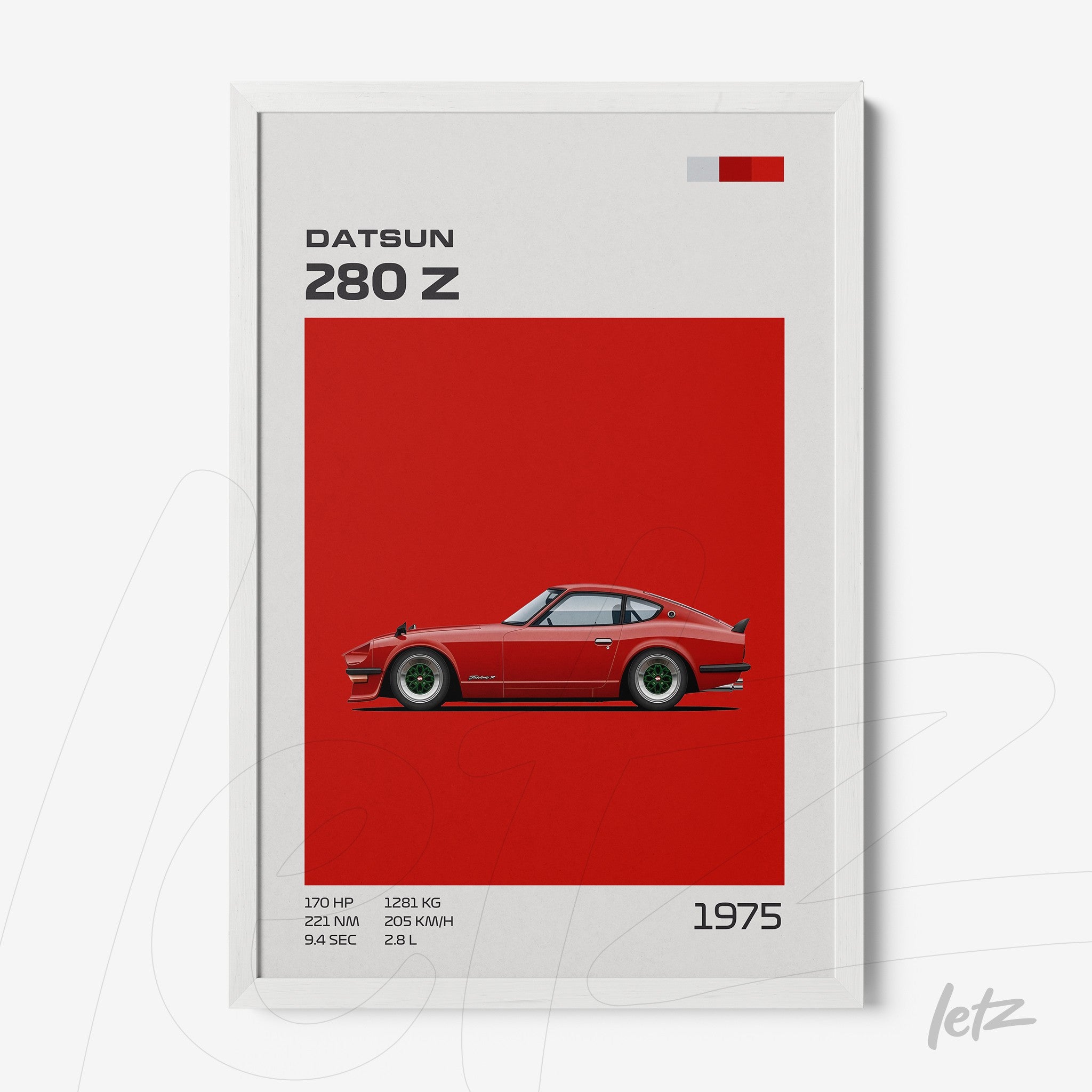 framed minimalistic artwork of Datsun 280 Z in vibrant red background with white frame