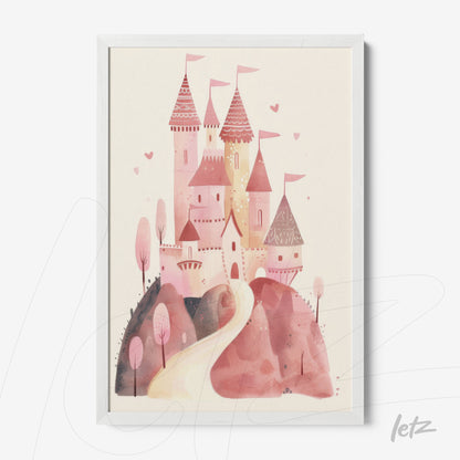 framed art featuring a pink castle with towers, surrounded by trees and a winding path