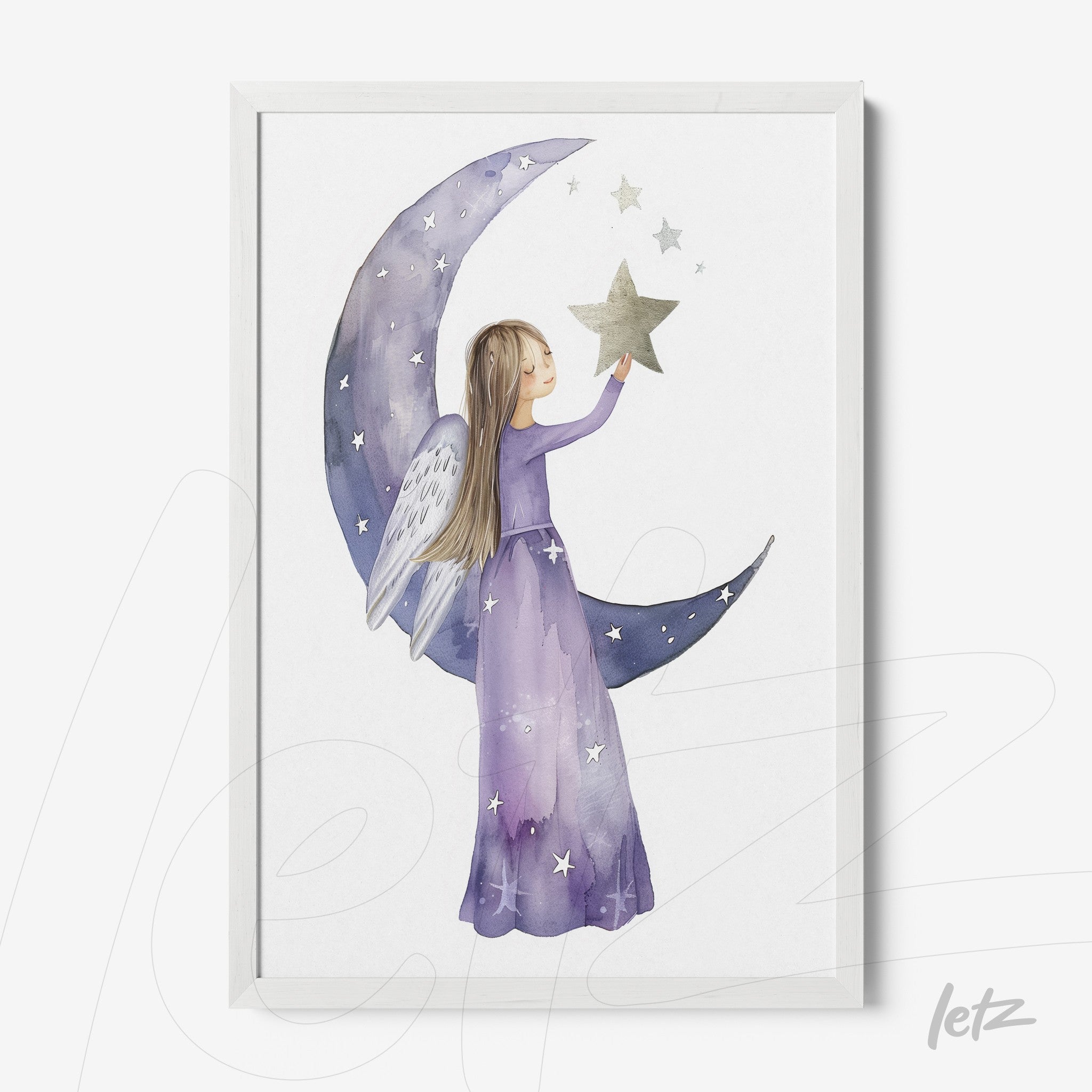 framed wall art featuring a watercolor illustration of an angel girl in a purple dress holding a star next to a crescent moon on a white background