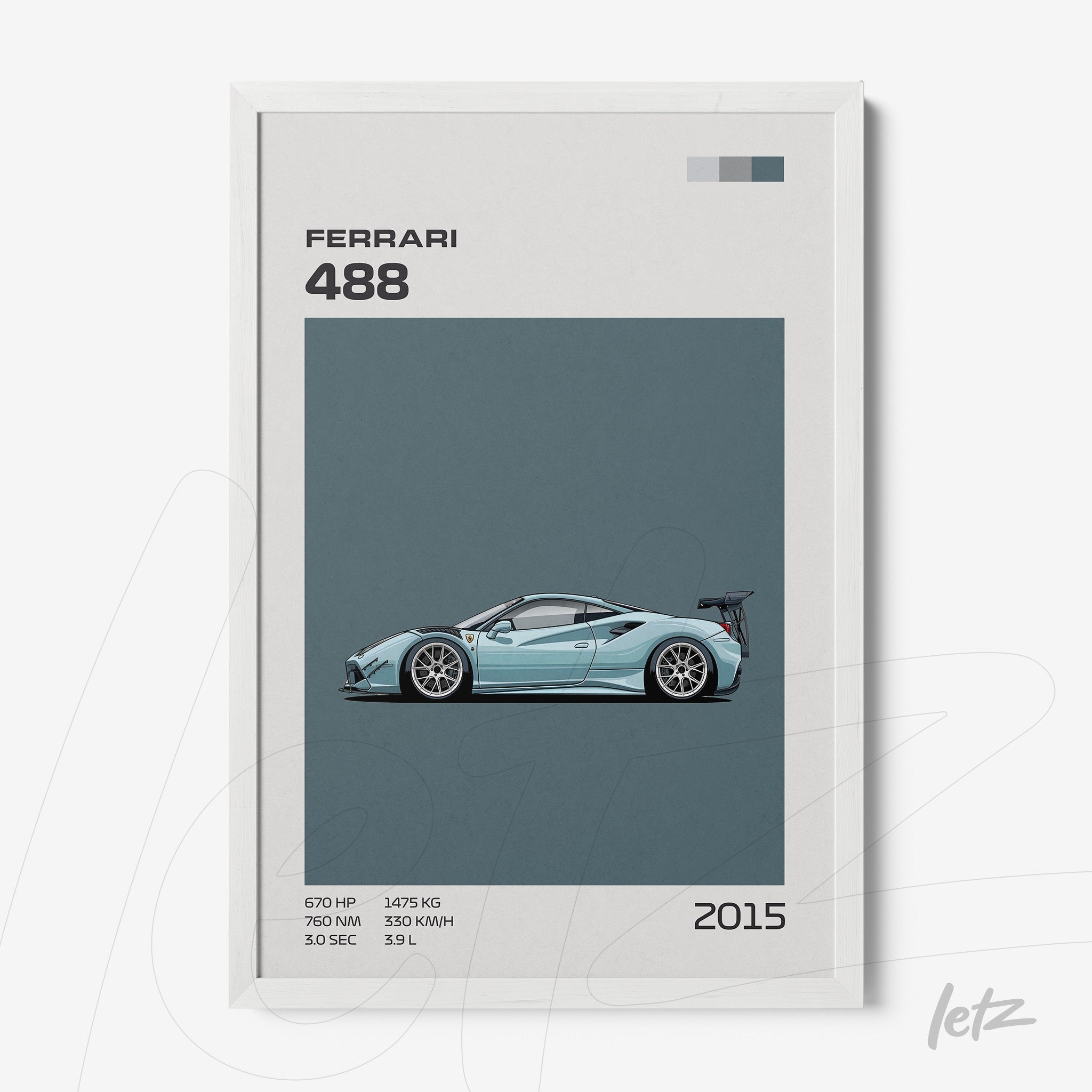 framed wall art featuring a minimalist illustration of the Ferrari 488 sports car with a white frame and blue background