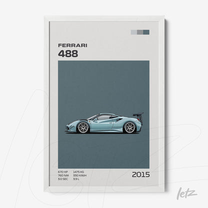 framed wall art featuring a minimalist illustration of the Ferrari 488 sports car with a white frame and blue background
