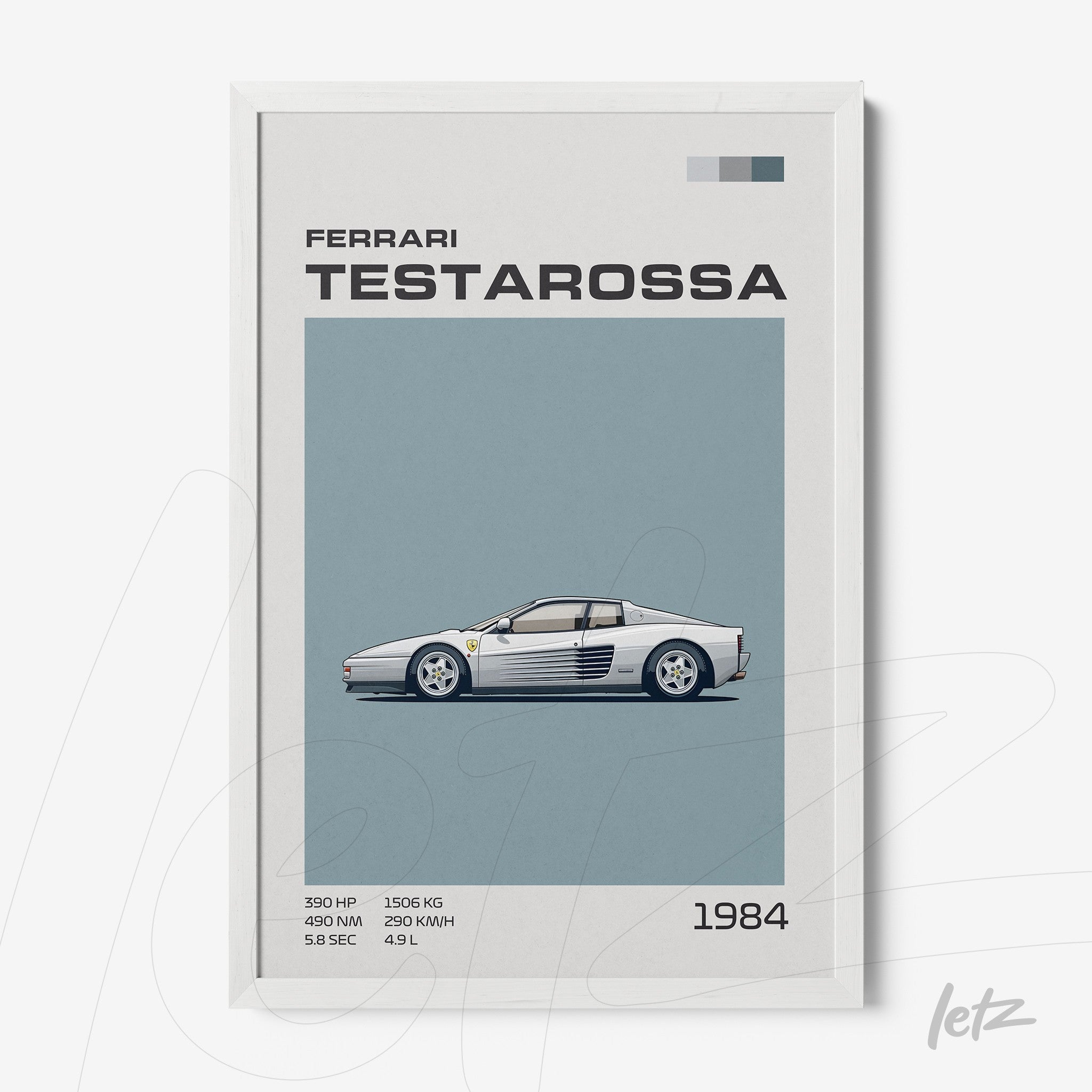 framed wall art featuring a minimalist illustration of a Ferrari Testarossa on a blue background with white frame