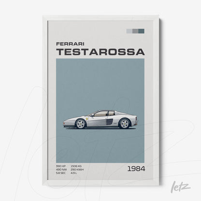 framed wall art featuring a minimalist illustration of a Ferrari Testarossa on a blue background with white frame
