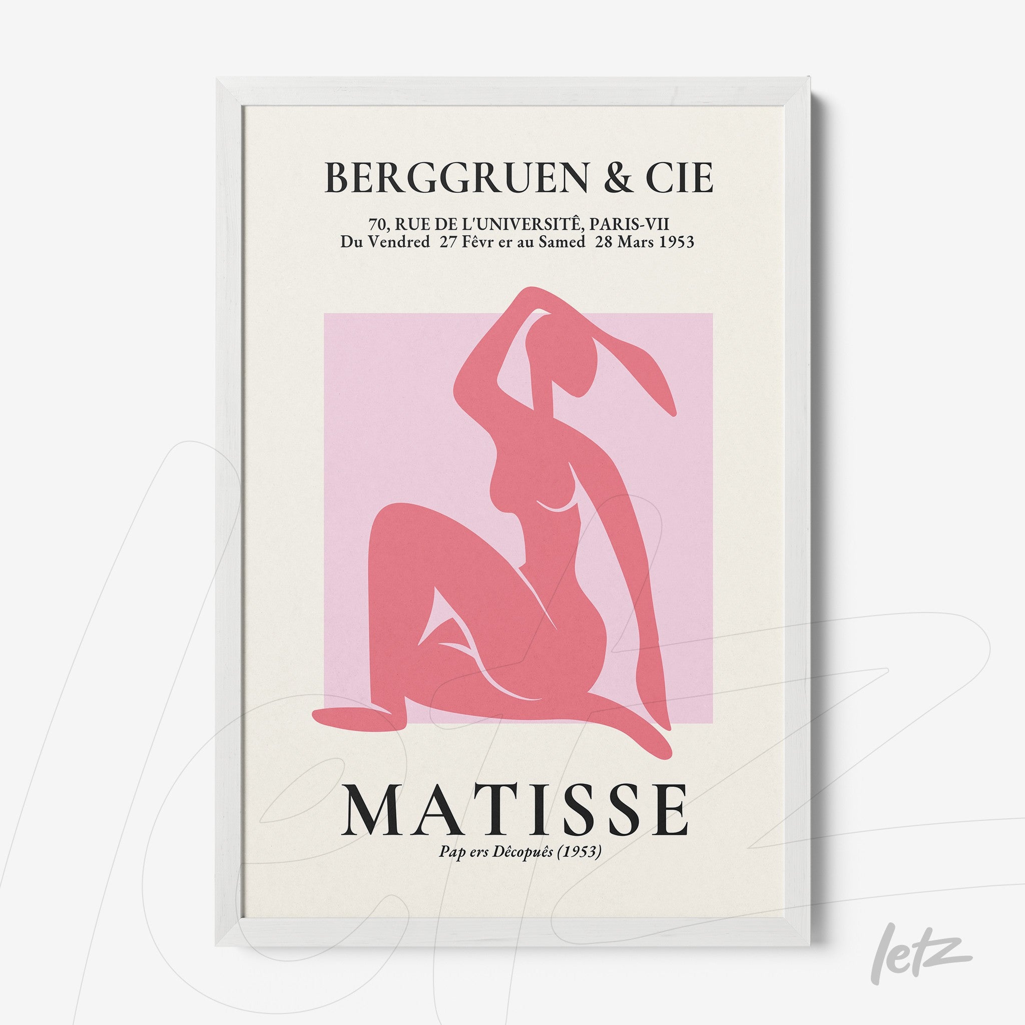 framed artwork by Matisse featuring a pink female figure on a light background with minimalist text