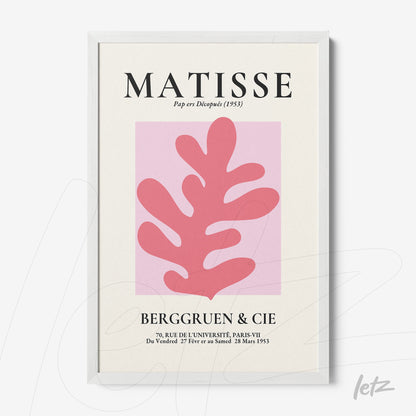 decorative wall art featuring a pink and white illustration inspired by Matisse, displayed in a simple white frame with a neutral background