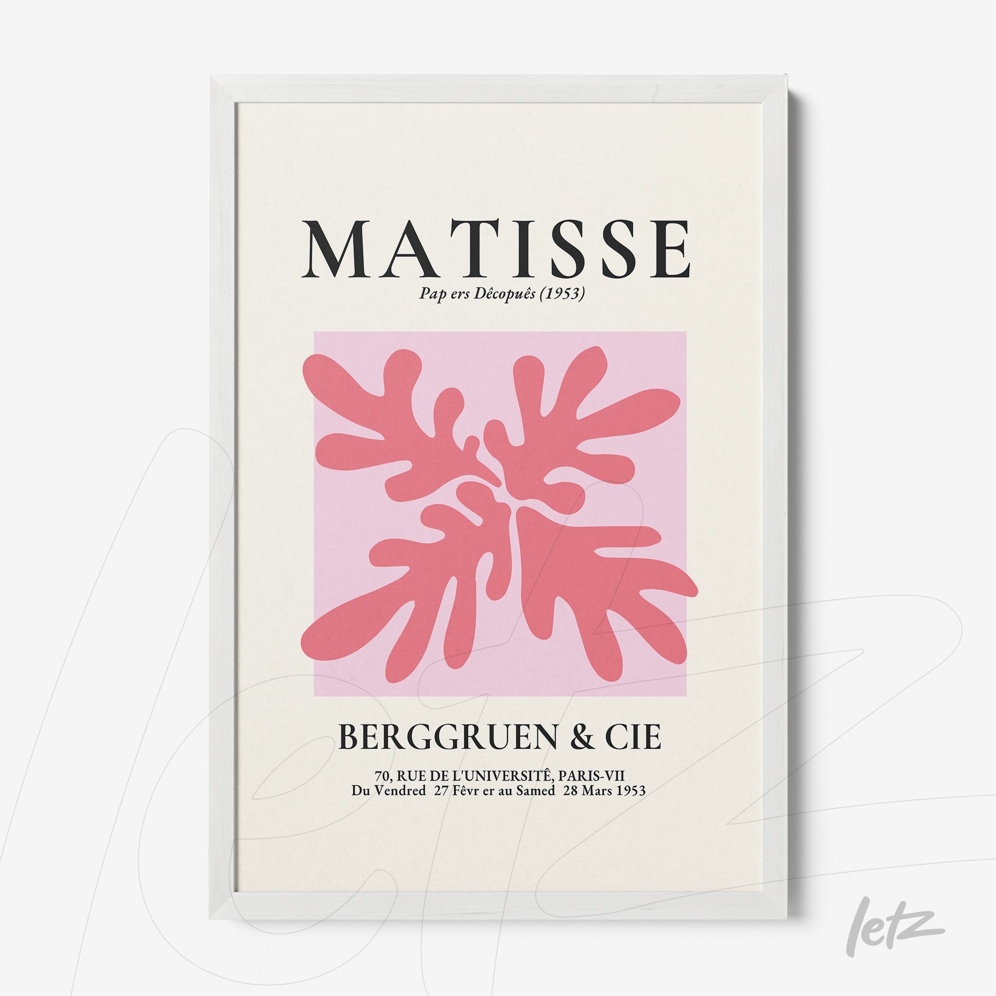 framed modern art piece by Matisse featuring abstract pink shapes on a pink background in a thin white frame