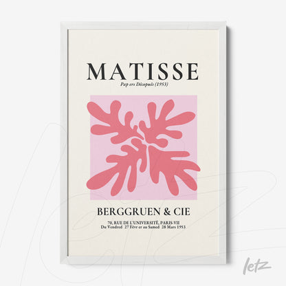 framed modern art piece by Matisse featuring abstract pink shapes on a pink background in a thin white frame