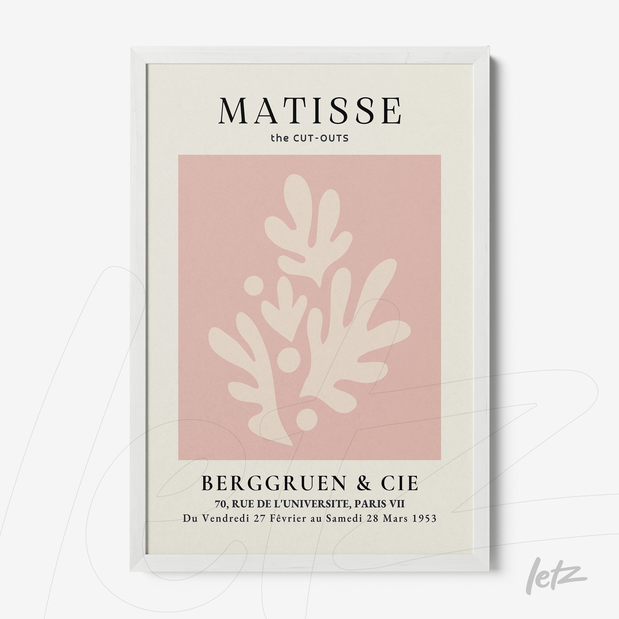 minimalist wall art featuring cut-outs on a light pink background with a white frame and typographic text