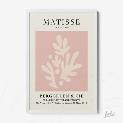 minimalist wall art featuring cut-outs on a light pink background with a white frame and typographic text