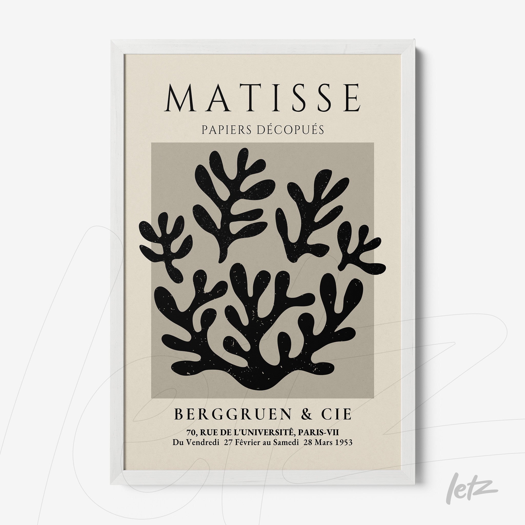 framed wall art featuring black and white cut-out design inspired by Matisse with white frame