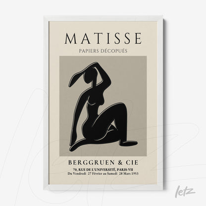 framed artwork by Matisse showcasing a female figure silhouette on a gray background with white frame