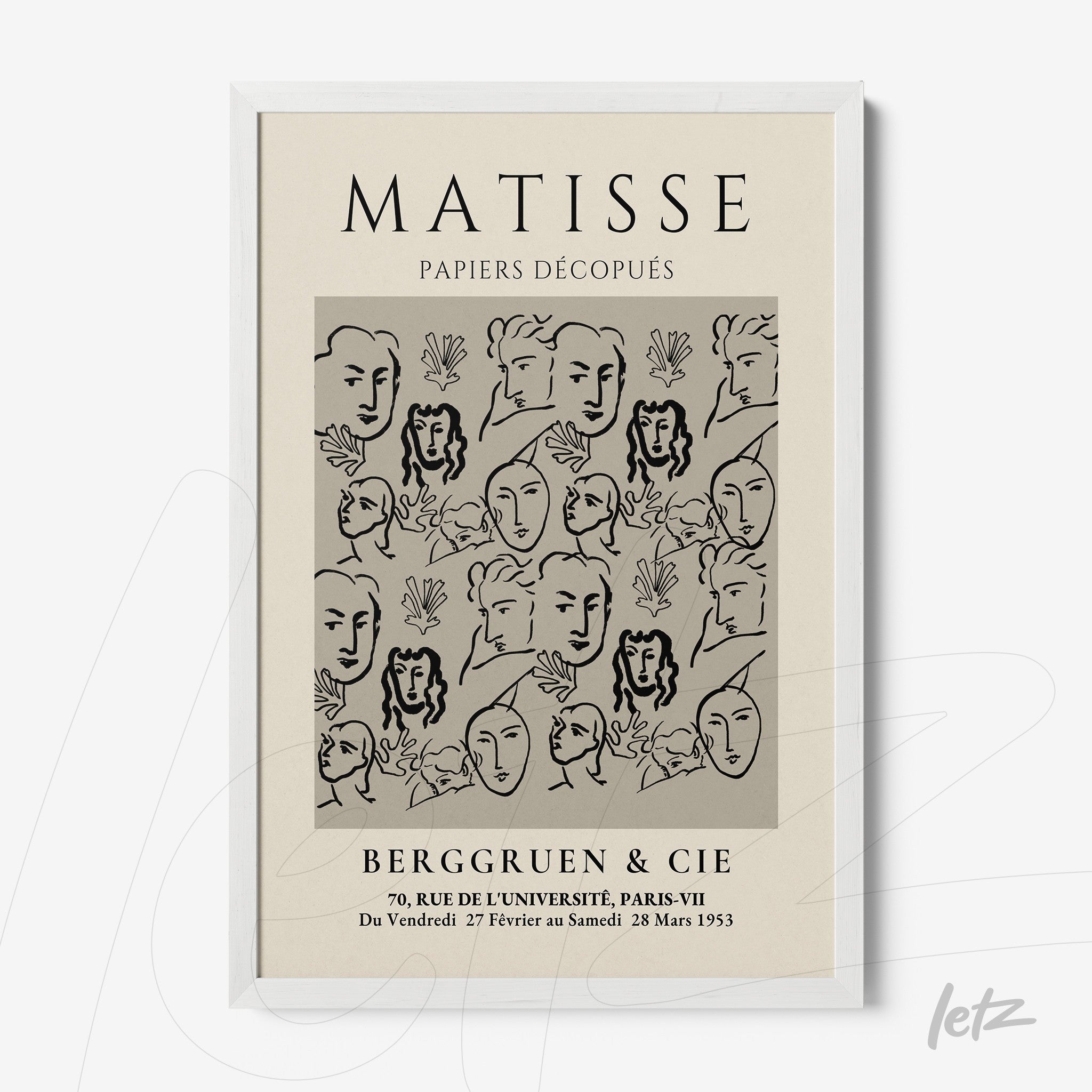 framed art print featuring henri matisse's stylized faces and shapes in white frame