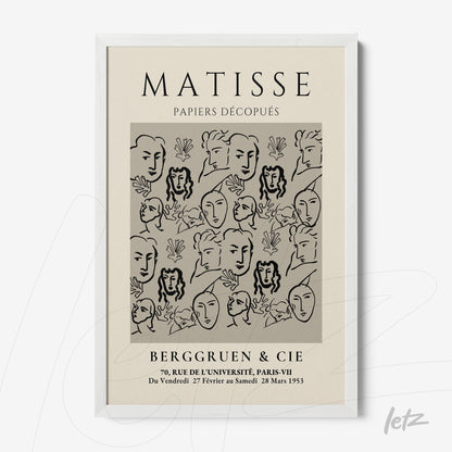 framed art print featuring henri matisse's stylized faces and shapes in white frame