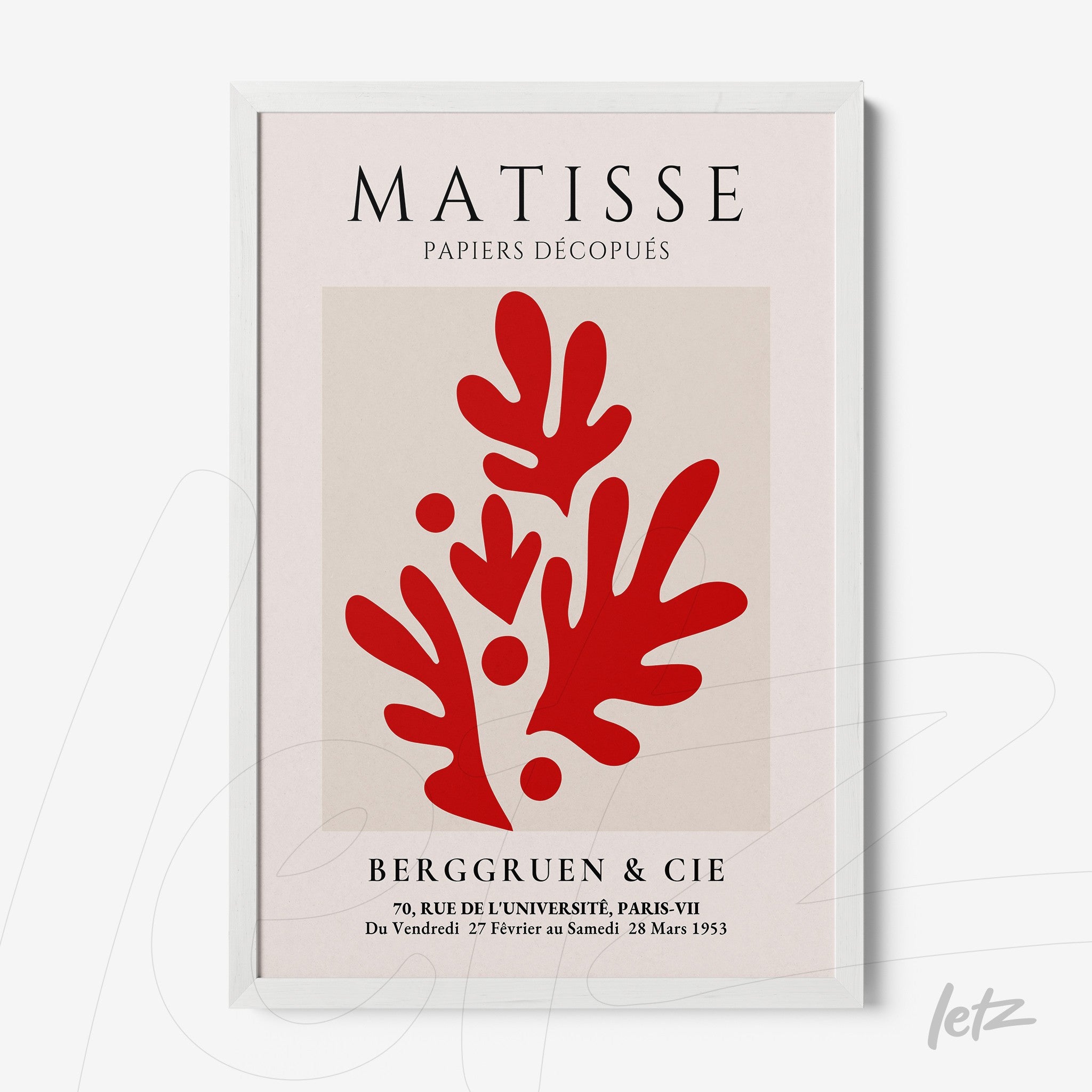 decorative framed wall art featuring modern red organic shapes on a neutral background