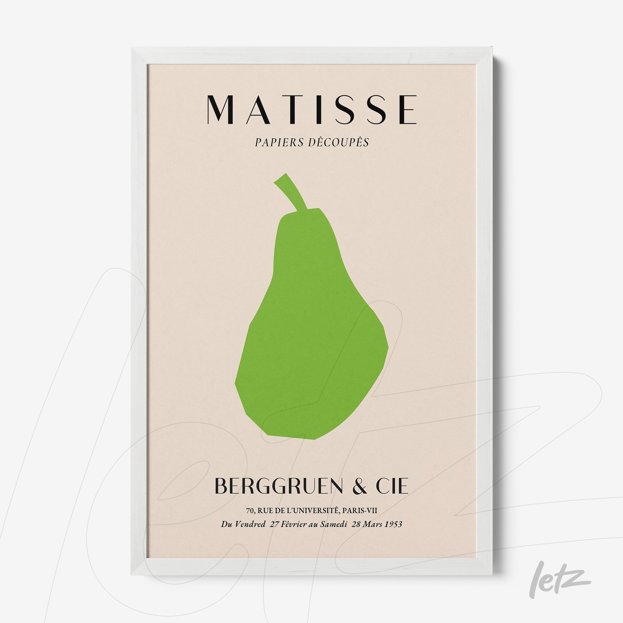 framed minimalist art piece featuring a green pear on a beige background with a white frame