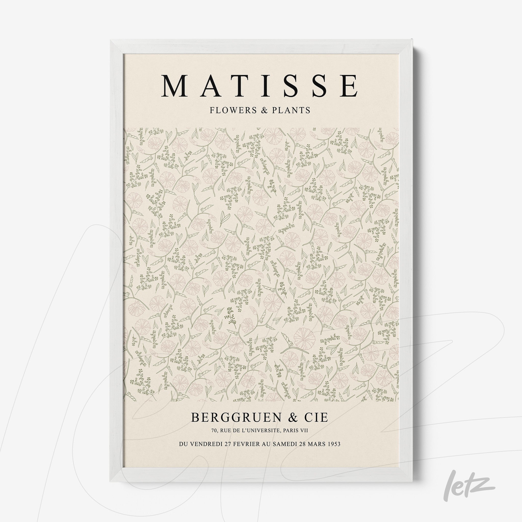 framed wall art featuring a soft floral pattern with the name Matisse and white frame