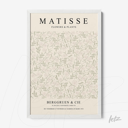 framed wall art featuring a soft floral pattern with the name Matisse and white frame