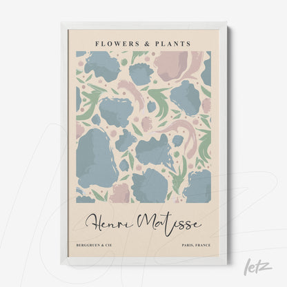 framed artwork featuring flowers and plants in a modern style with soft colors and elegant text