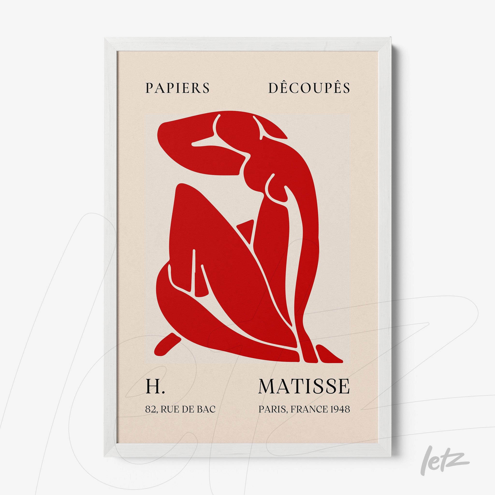 framed modern art of a seated red human figure on light background with white frame