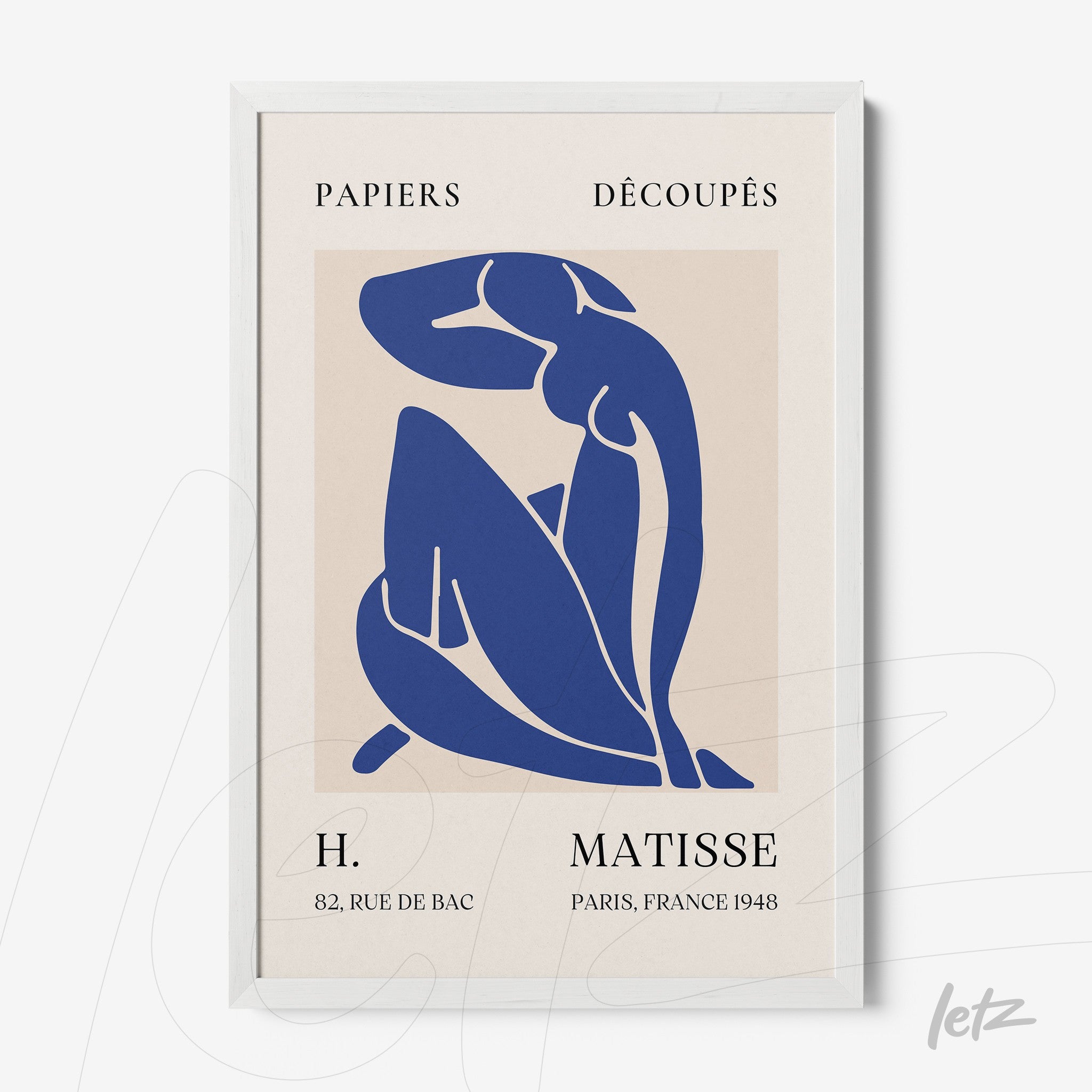 modern art print of female figure in blue tones on light background with white frame