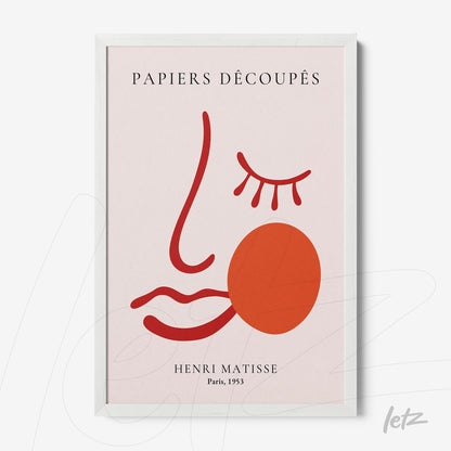 abstract art framed print inspired by Henri Matisse featuring a stylized face on light pink background with white frame