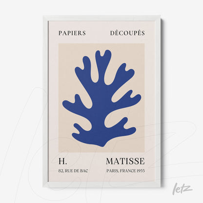 decorative wall art featuring a modern blue coral design on a beige background with a white frame