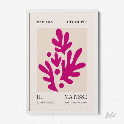 framed art inspired by Matisse featuring bright pink shapes on a light background with a white frame
