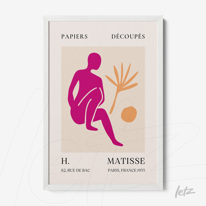 framed modern art featuring a pink human figure and a yellow plant on a light background